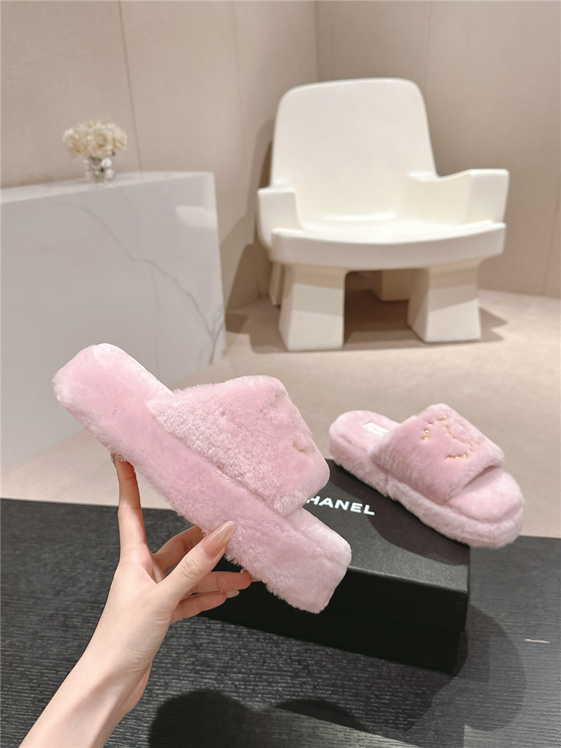 Ch**el beading flat platform mules pink fur
