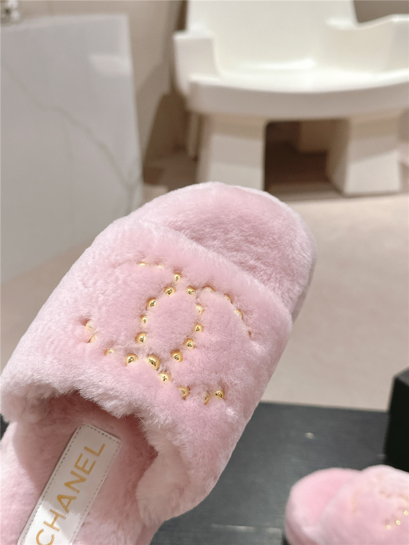Ch**el beading flat platform mules pink fur