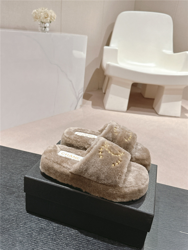 Ch**el beading flat platform mules beige fur