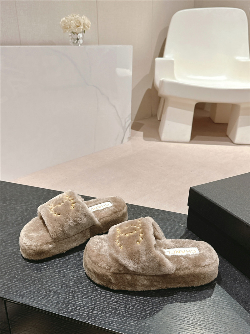 Ch**el beading flat platform mules beige fur