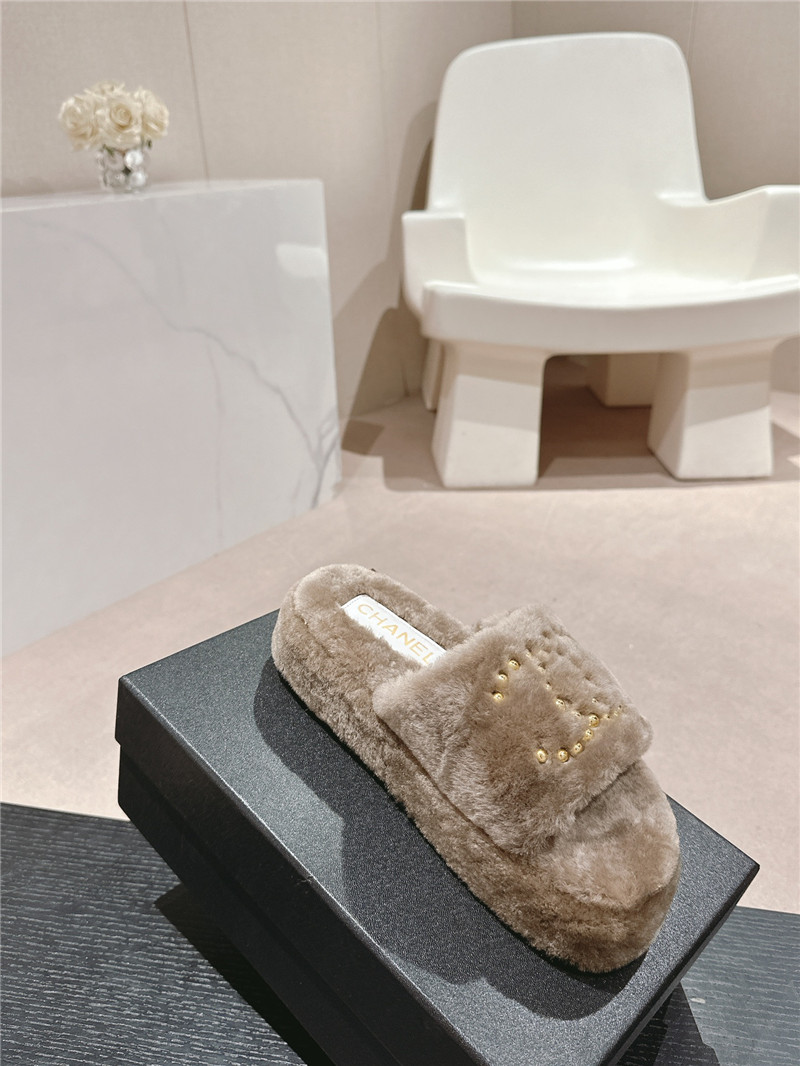 Ch**el beading flat platform mules beige fur