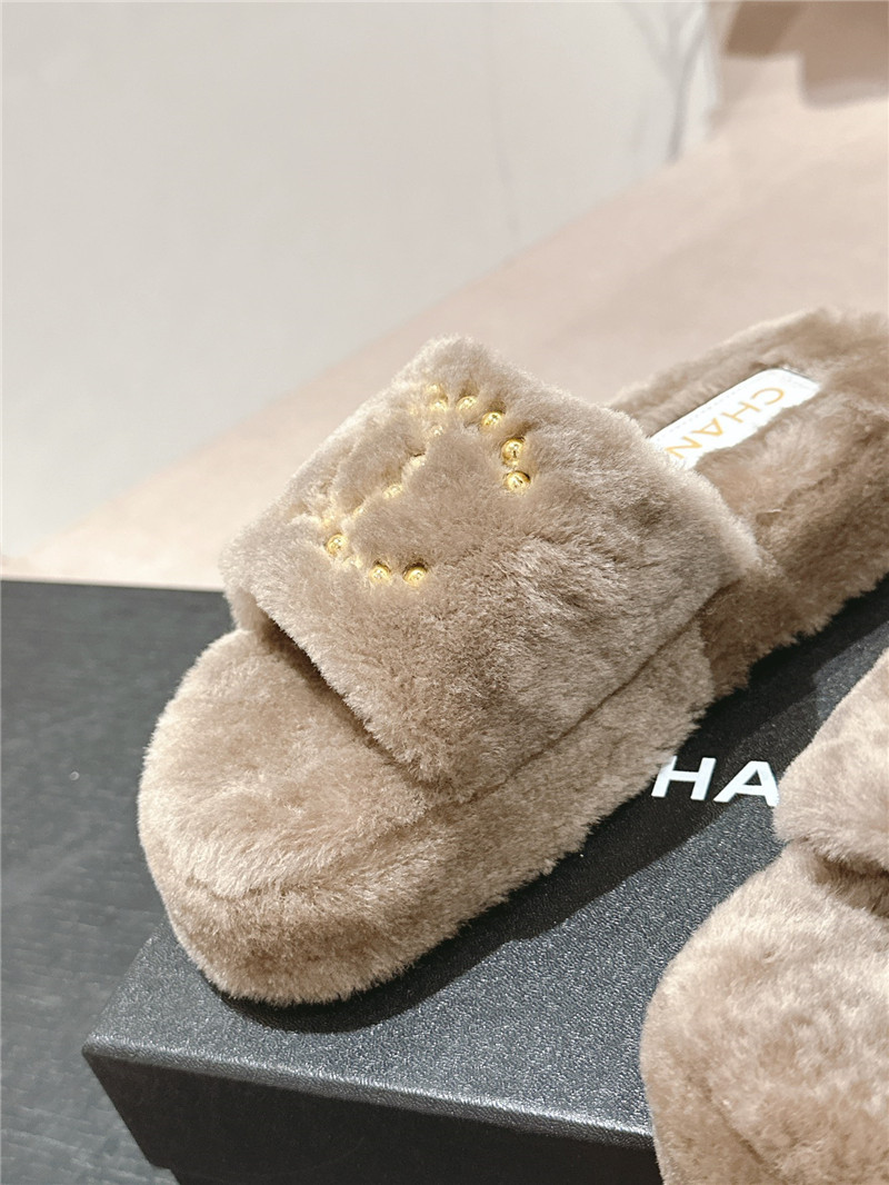 Ch**el beading flat platform mules beige fur