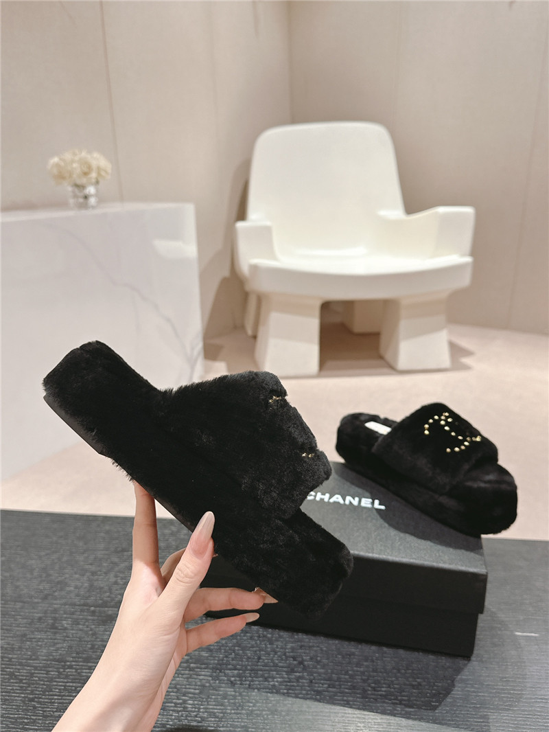 Ch**el beading black fur flat platform mules