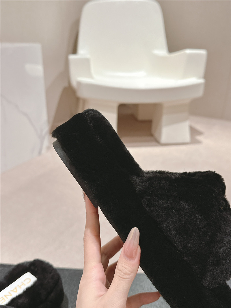 Ch**el beading black fur flat platform mules