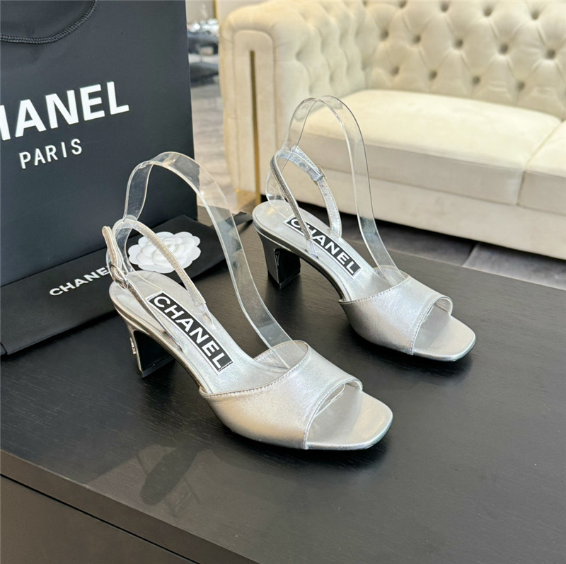Ch**el silver leather open toe slingback sandals