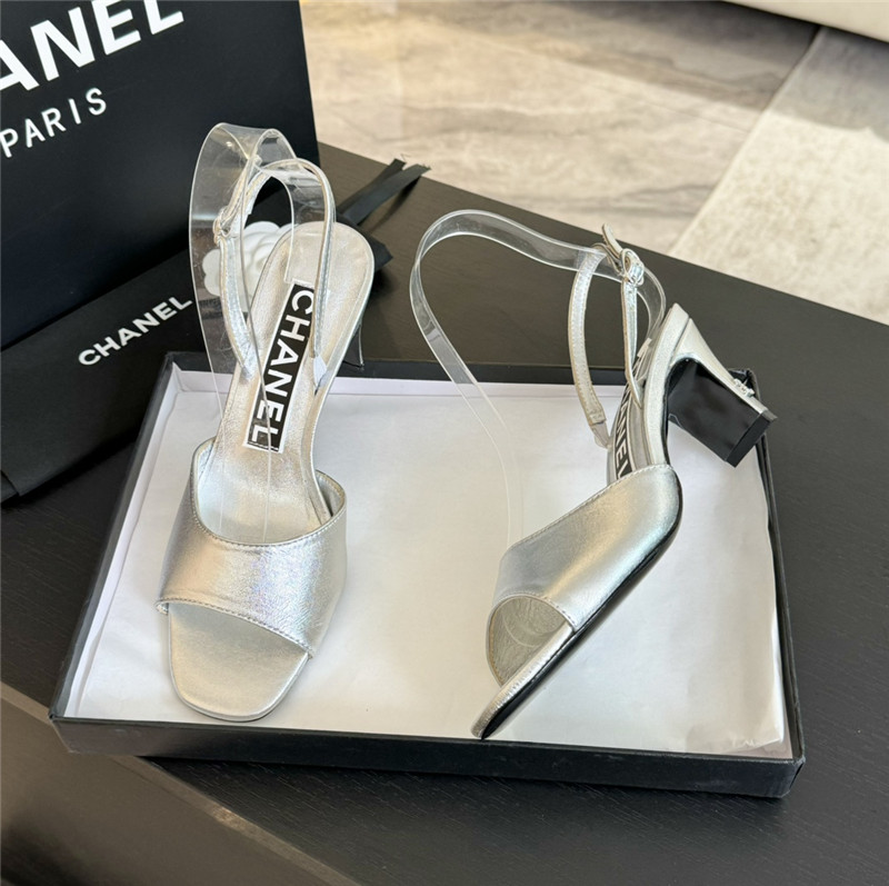Ch**el silver leather open toe slingback sandals