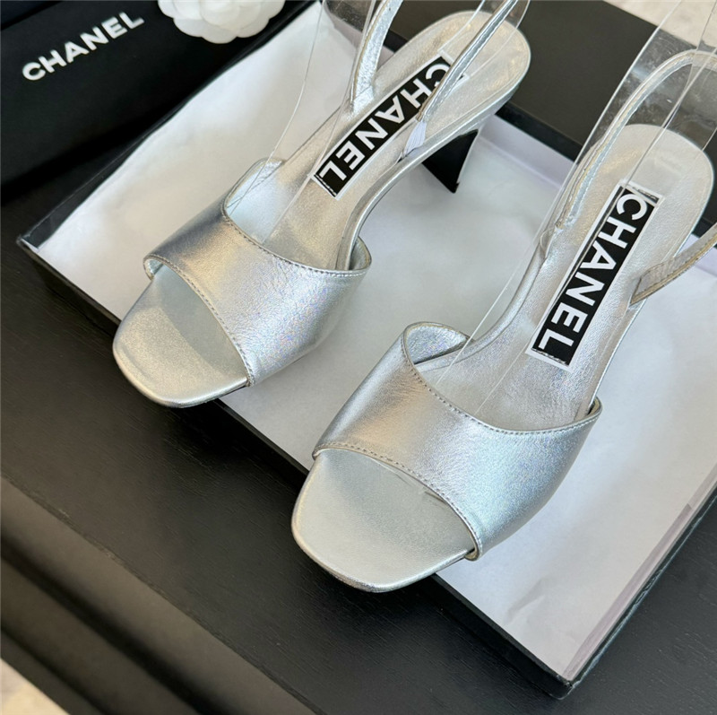 Ch**el silver leather open toe slingback sandals
