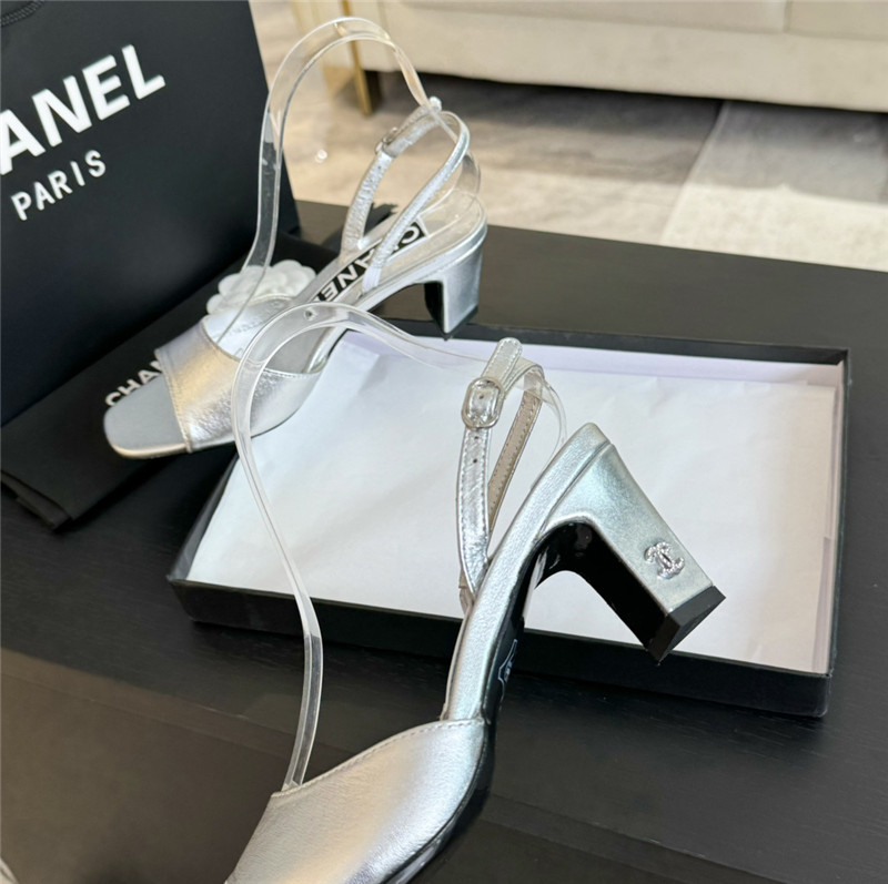 Ch**el silver leather open toe slingback sandals