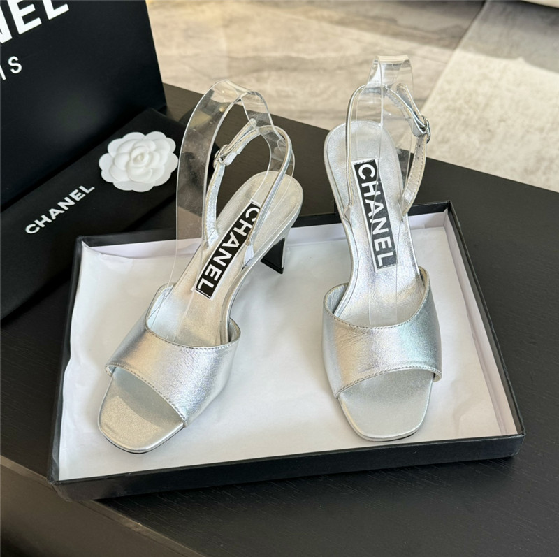Ch**el silver leather open toe slingback sandals