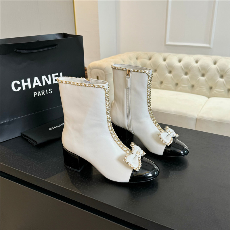 Ch**el white calfskin bow patent leather ankle boots