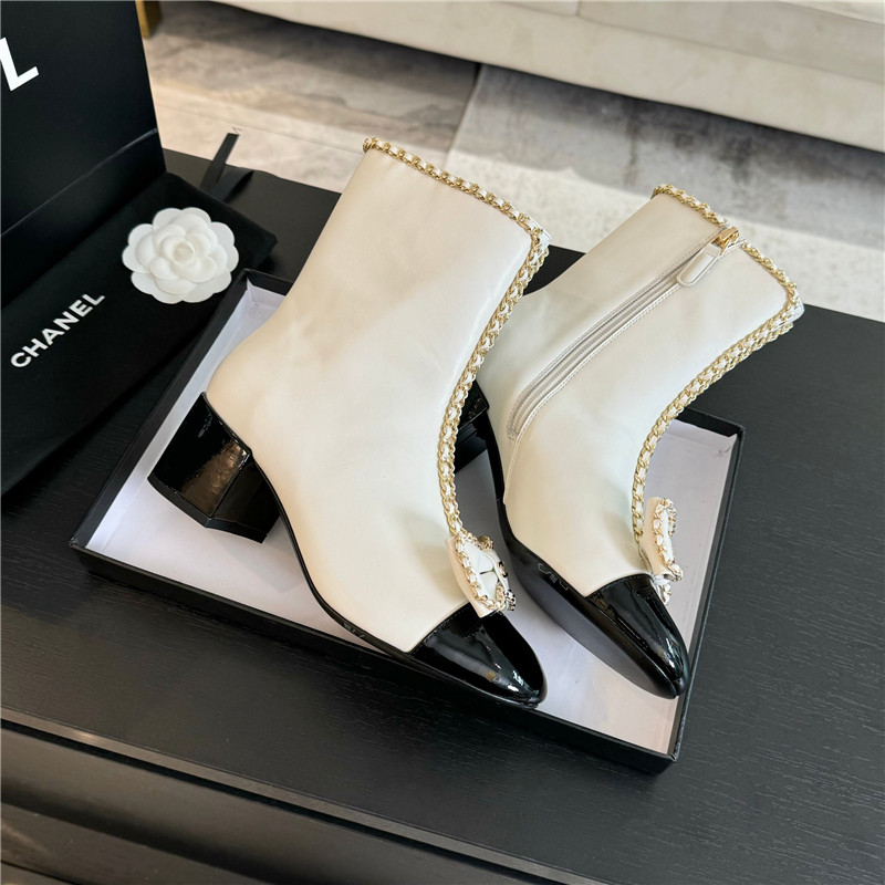 Ch**el white calfskin bow patent leather ankle boots