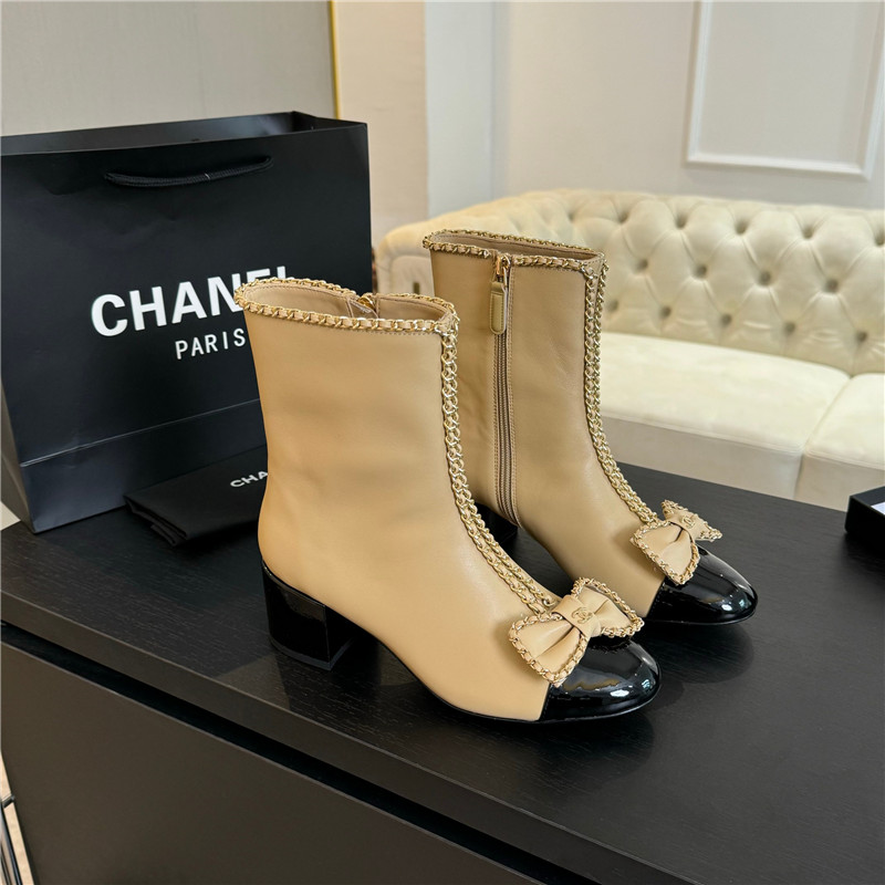 Ch**el calfskin bow patent leather ankle boots