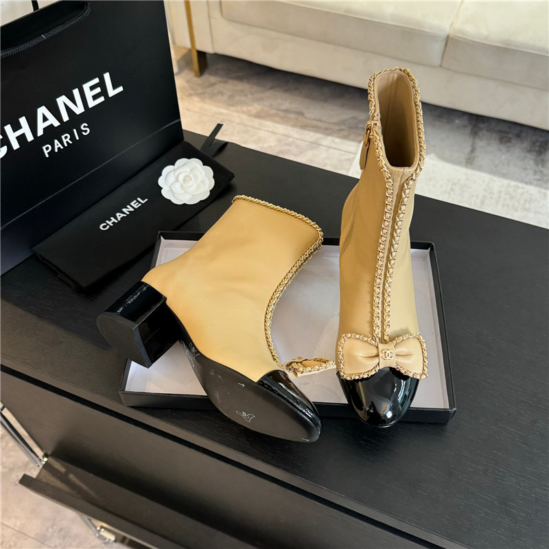 Ch**el calfskin bow patent leather ankle boots