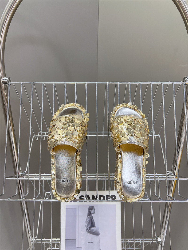 F**di gold glitter platform slides