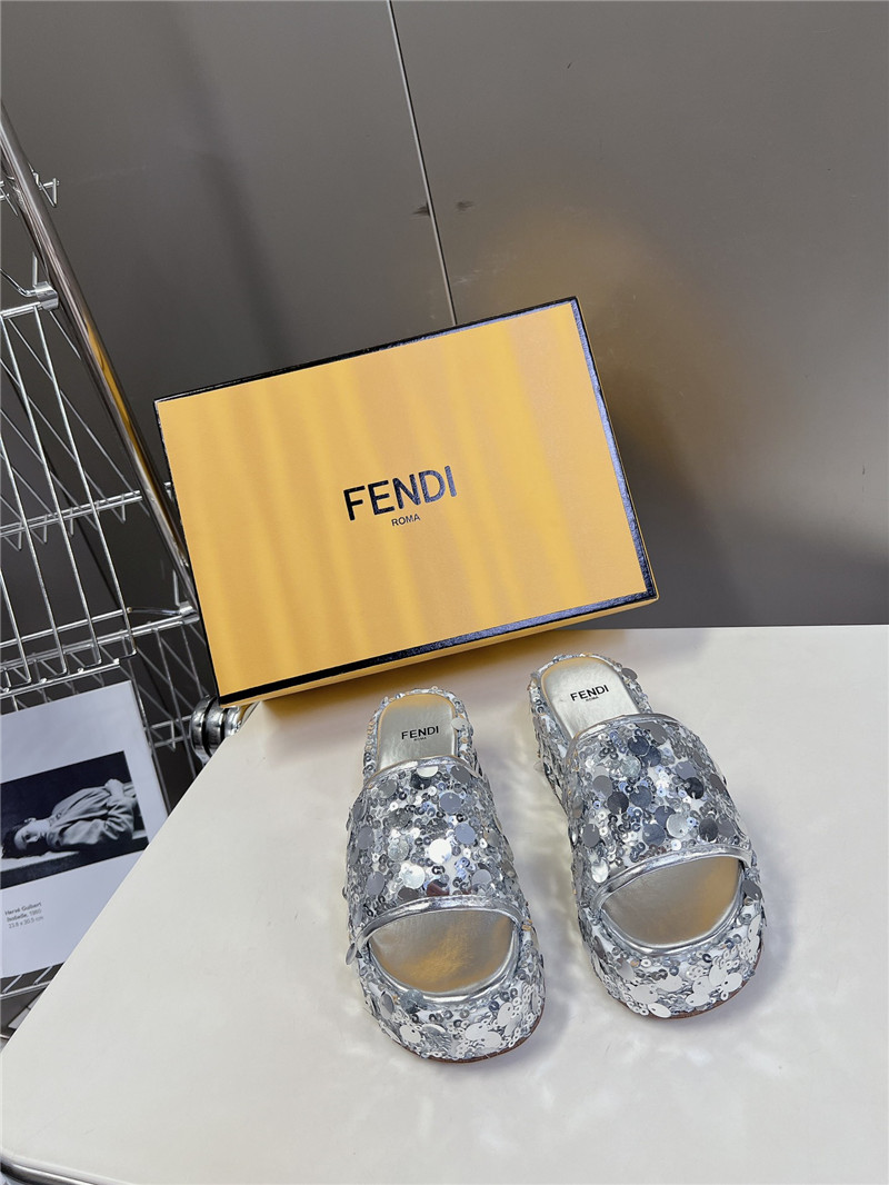 F**di silver glitter platform slides
