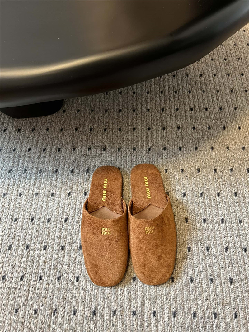 Miu Miu Camel Suede Slippers with Embossed Logo