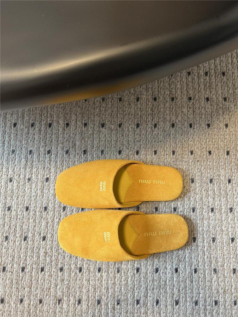 Miu Miu Yellow Suede Slippers with Embossed Logo