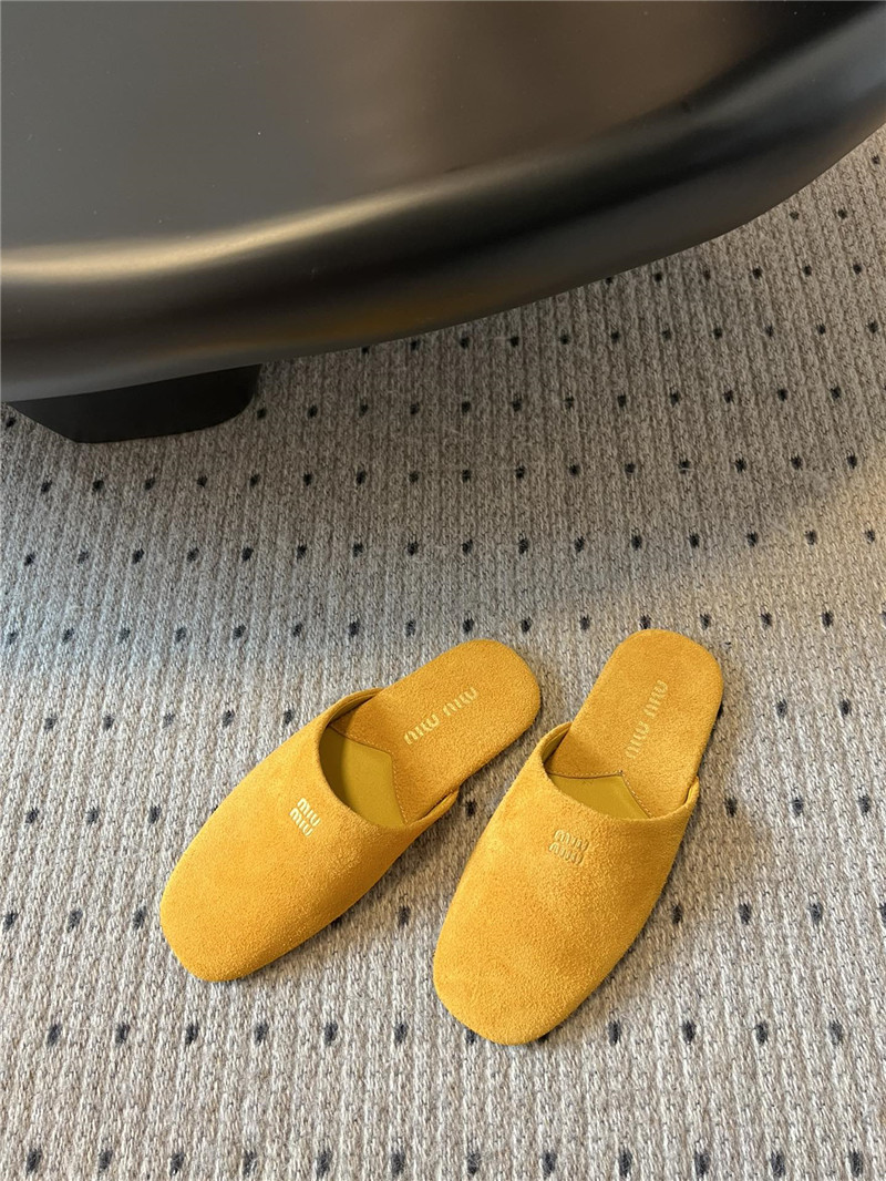 Miu Miu Yellow Suede Slippers with Embossed Logo