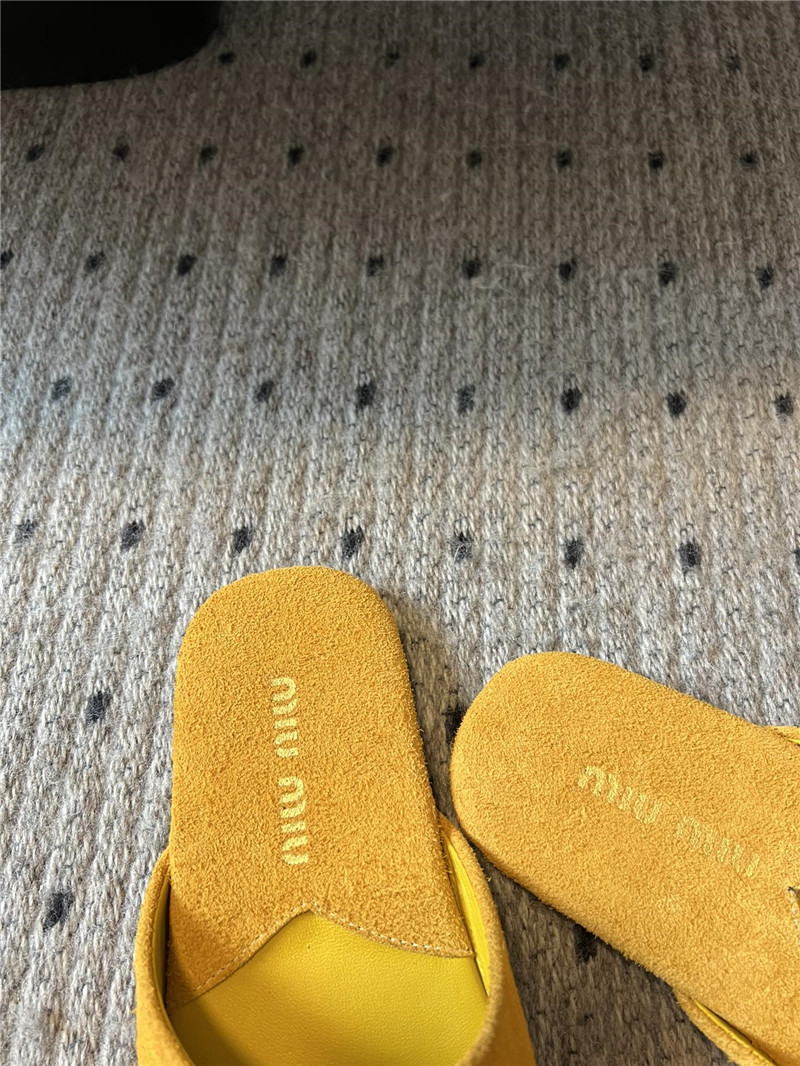 Miu Miu Yellow Suede Slippers with Embossed Logo