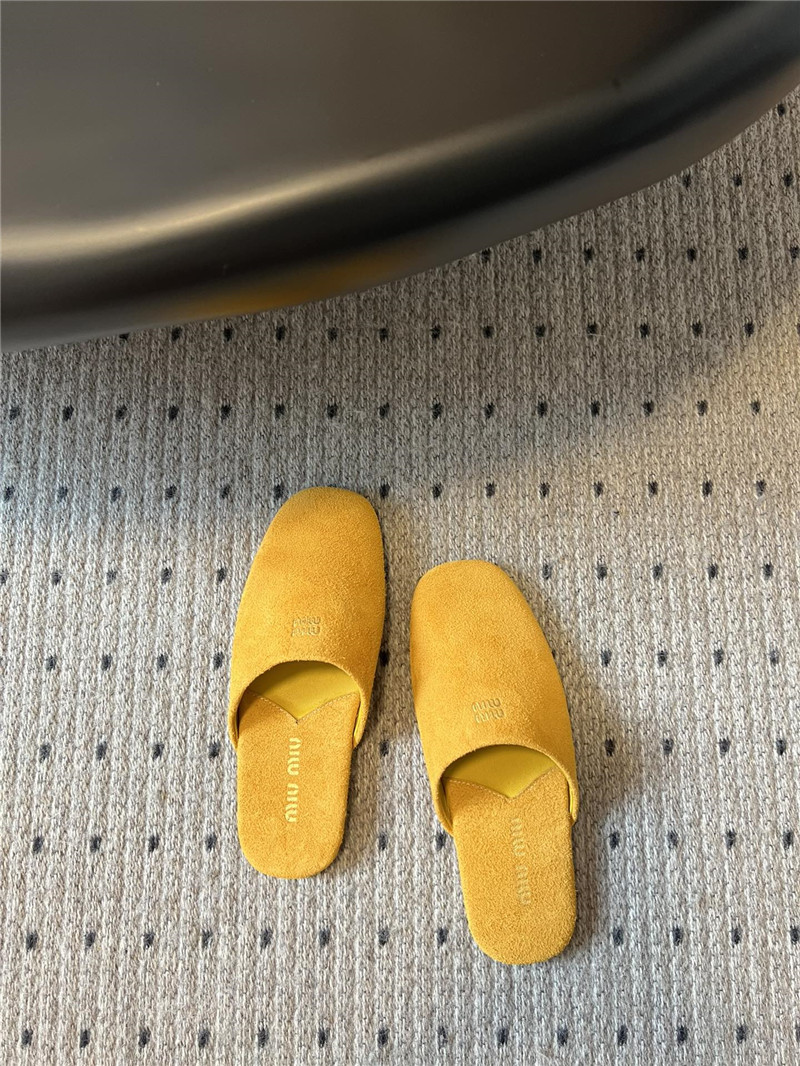 Miu Miu Yellow Suede Slippers with Embossed Logo