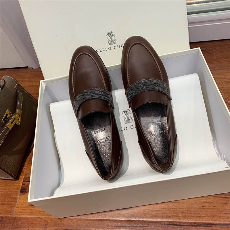 Brunello Cucinelli Brown Leather Penny Loafer with Monili