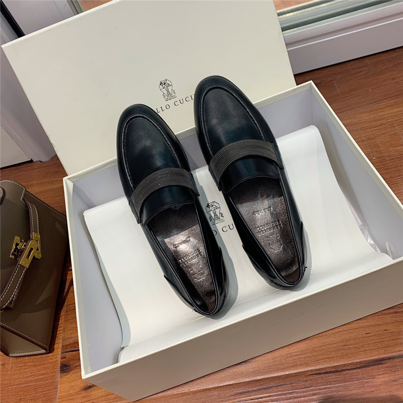 Brunello Cucinelli Black Leather Penny Loafer with Monili