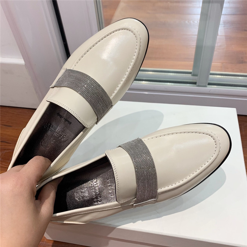 Brunello Cucinelli Chalk Leather Penny Loafer with Monili