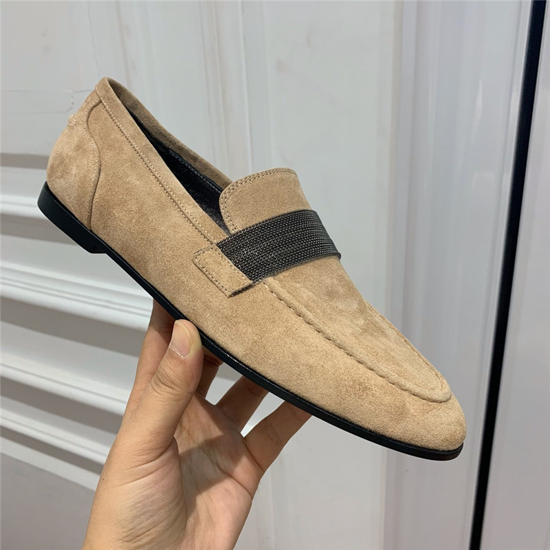 Brunello Cucinelli Hazelnut Suede Penny Loafer with Monili