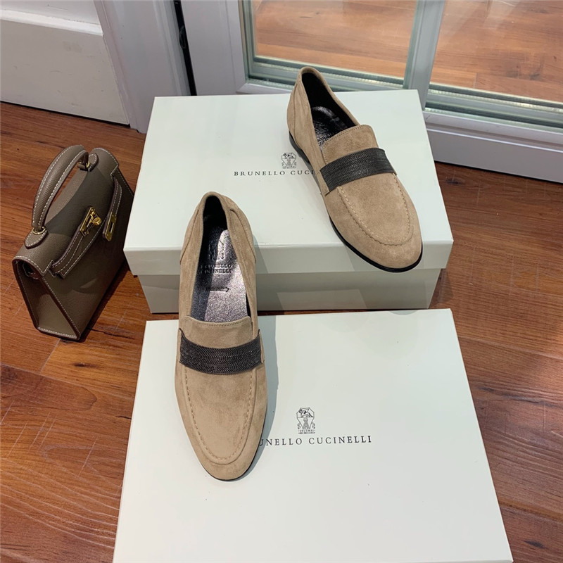 Brunello Cucinelli Hazelnut Suede Penny Loafer with Monili
