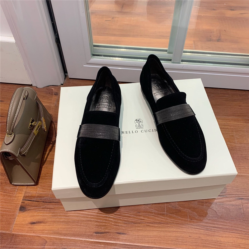 Brunello Cucinelli Black Suede Penny Loafer with Monili