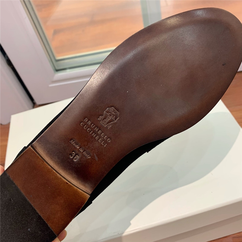 Brunello Cucinelli Black Suede Penny Loafer with Monili