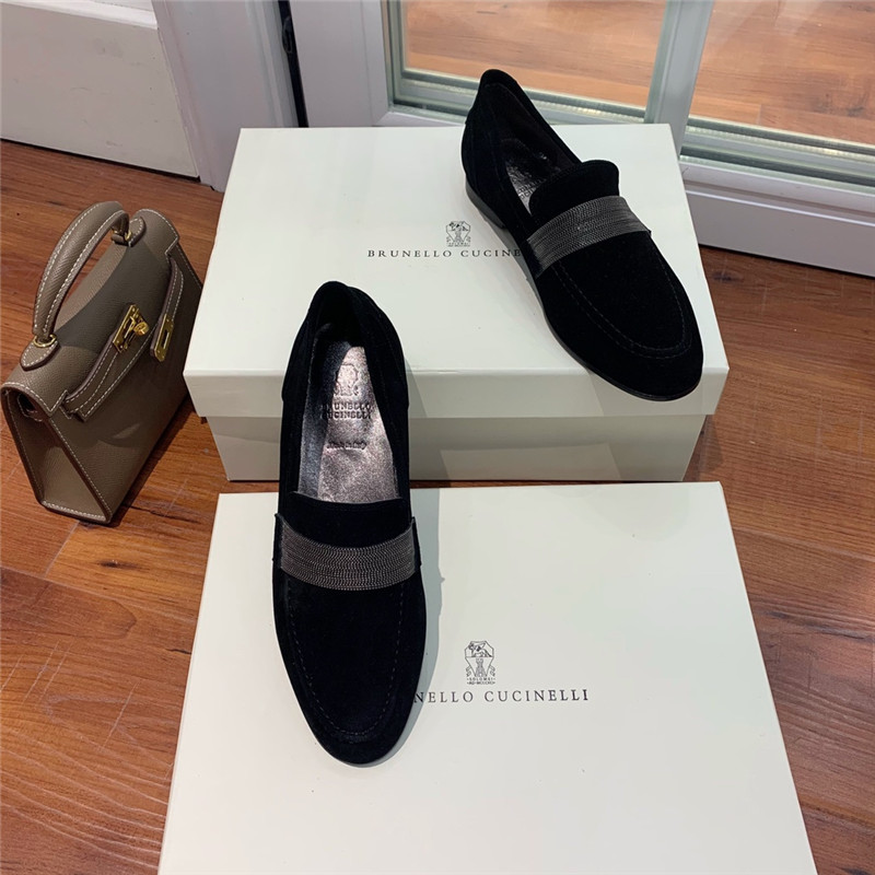 Brunello Cucinelli Black Suede Penny Loafer with Monili