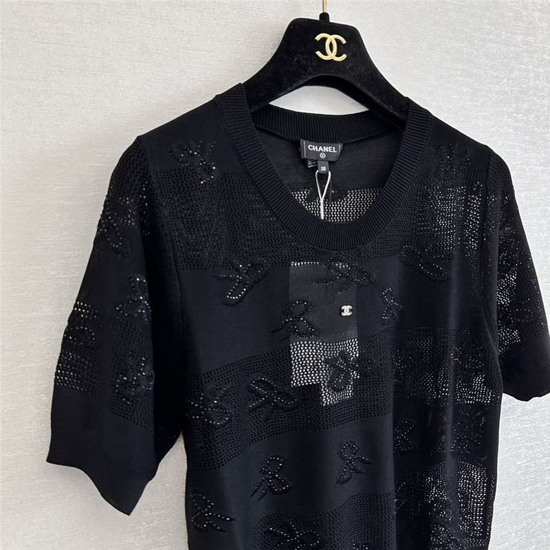 Ch**el bow rhinestone short sleeve replica designer clothes