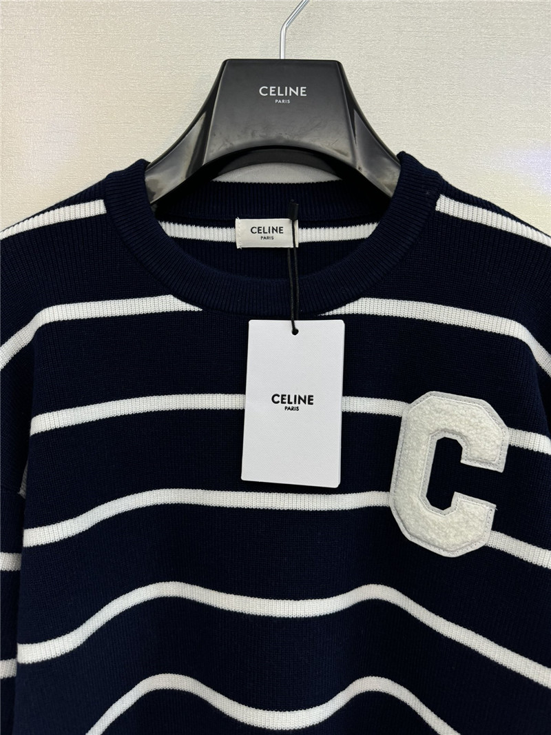 Ce1i*e navy blue white striped cropped sweater
