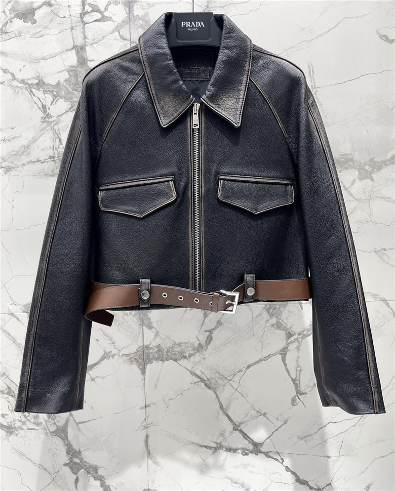 Pra*a short pu leather jacket replicas clothes