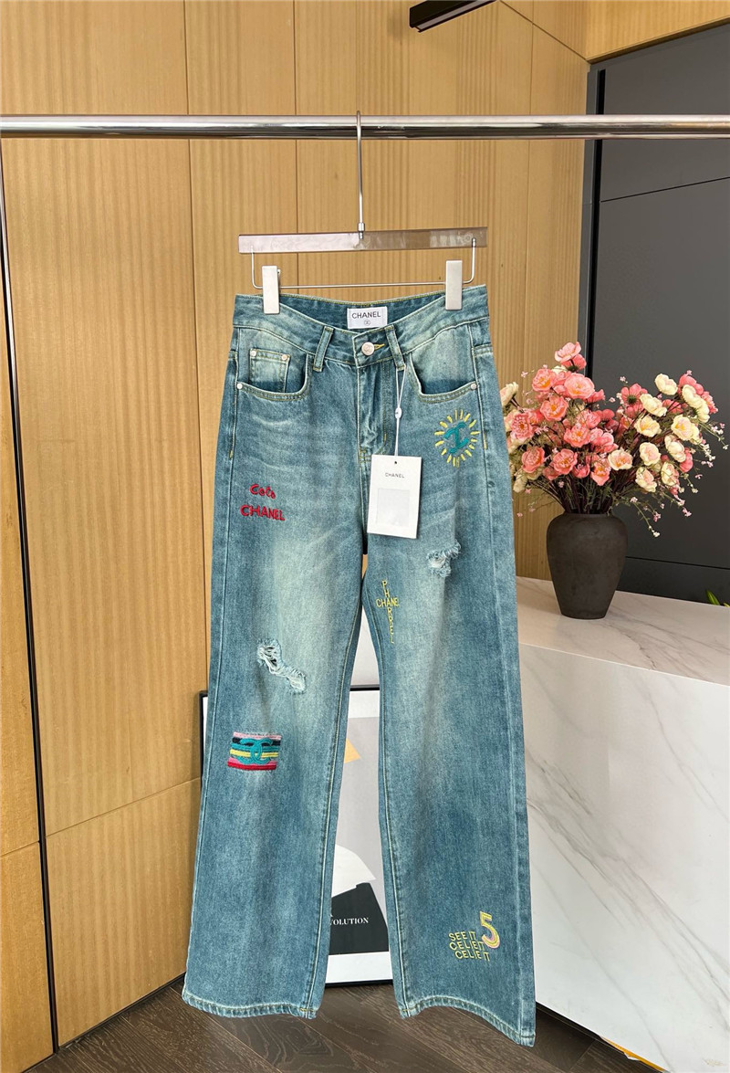 Ch**el vintage ripped straight jeans replica designer clothes