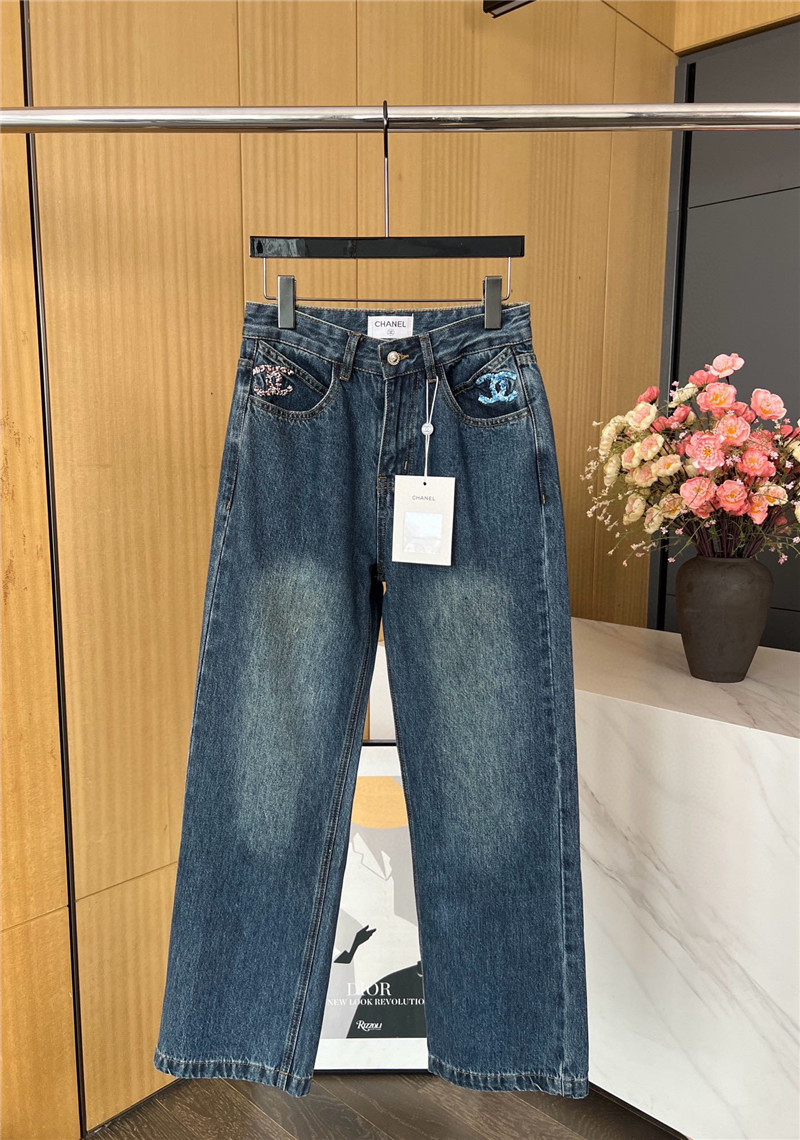 Ch**el dark blue straight jeans replica clothes
