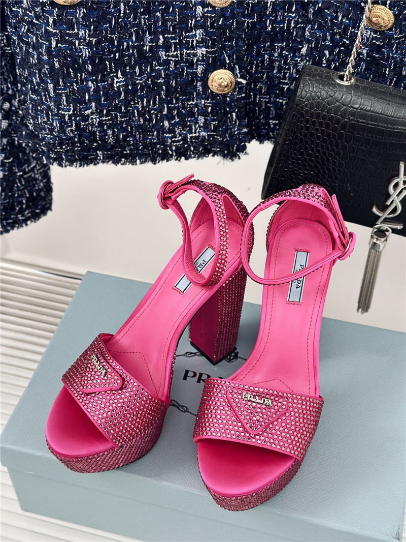 Pra*a fuchsia satin platform sandals with crystal