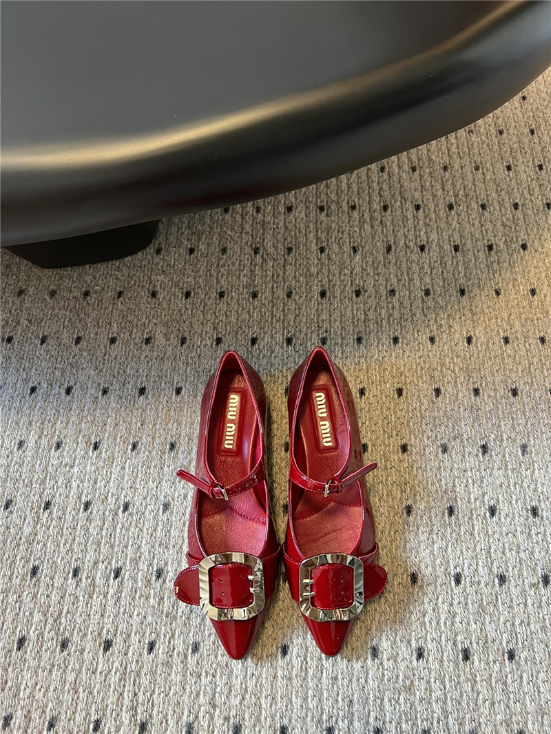 Miu Miu Red Buckle Ankle Strap Pointed Mary Jane Flats