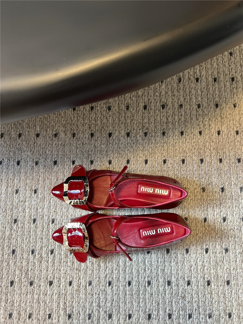 Miu Miu Red Buckle Ankle Strap Pointed Mary Jane Flats
