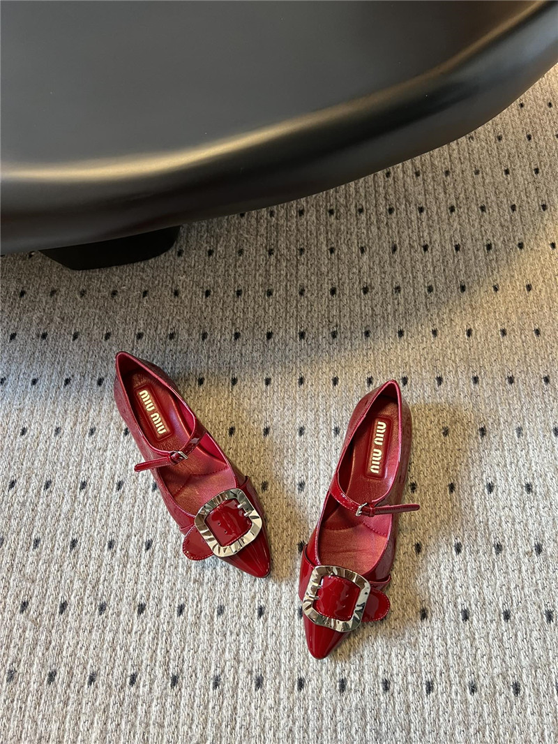 Miu Miu Red Buckle Ankle Strap Pointed Mary Jane Flats