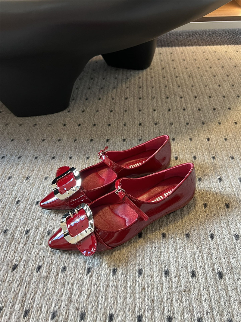 Miu Miu Red Buckle Ankle Strap Pointed Mary Jane Flats