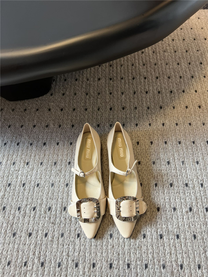 Miu Miu Ivory Buckle Ankle Strap Pointed Mary Jane Flats