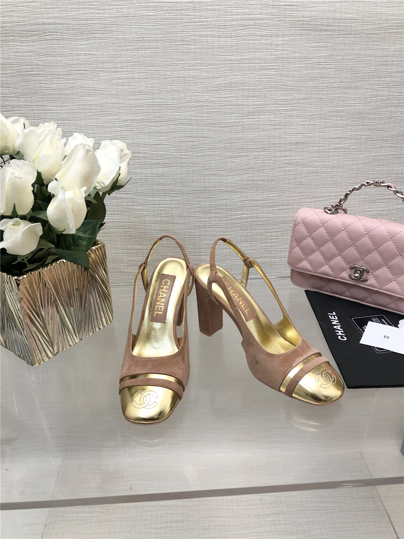 Ch**el pink suede and gold leather slingbacks