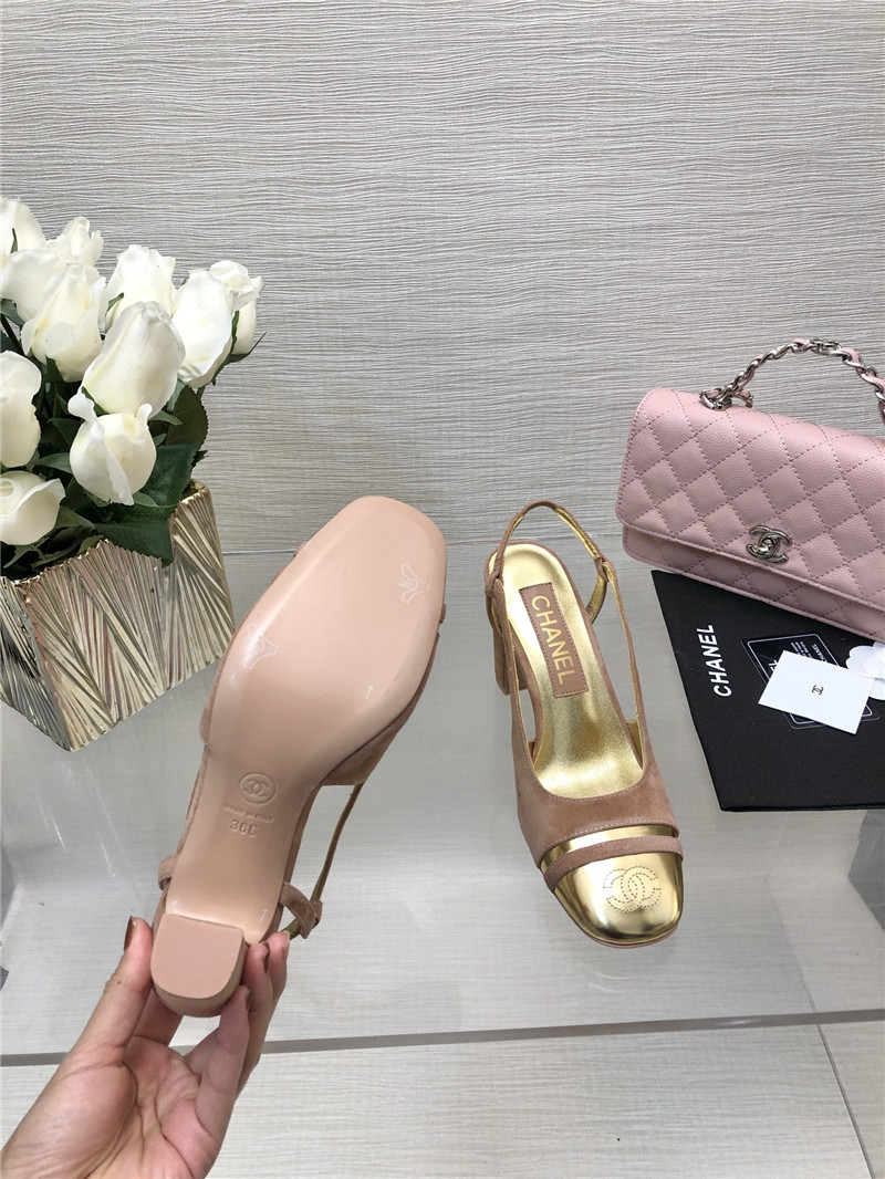 Ch**el pink suede and gold leather slingbacks