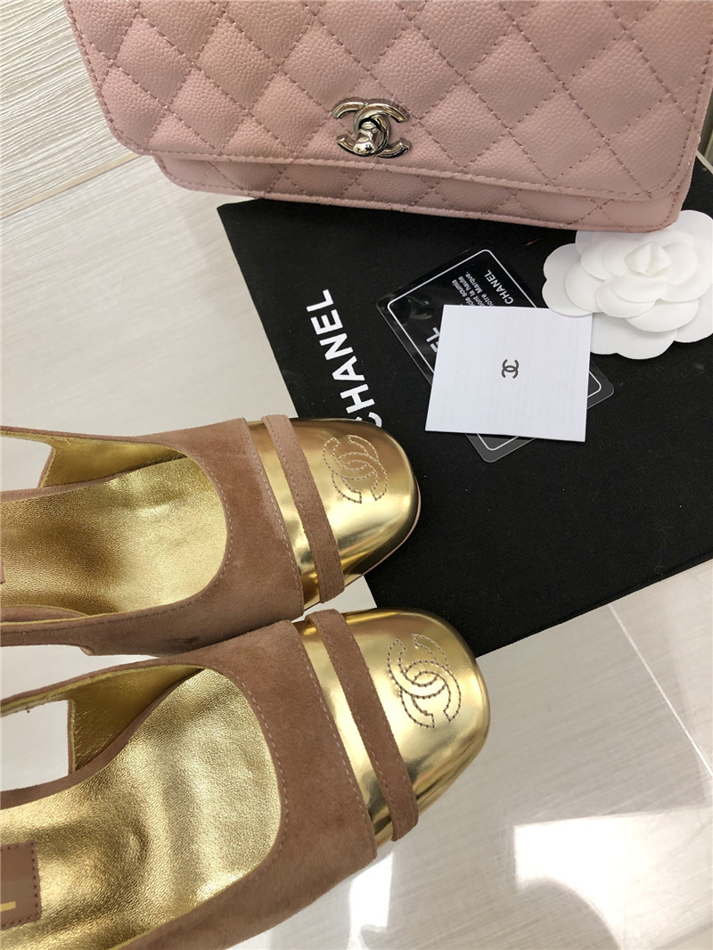 Ch**el pink suede and gold leather slingbacks