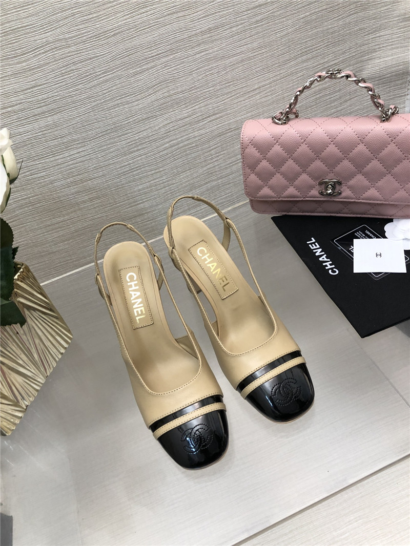 Ch**el beige suede and patent leather slingbacks