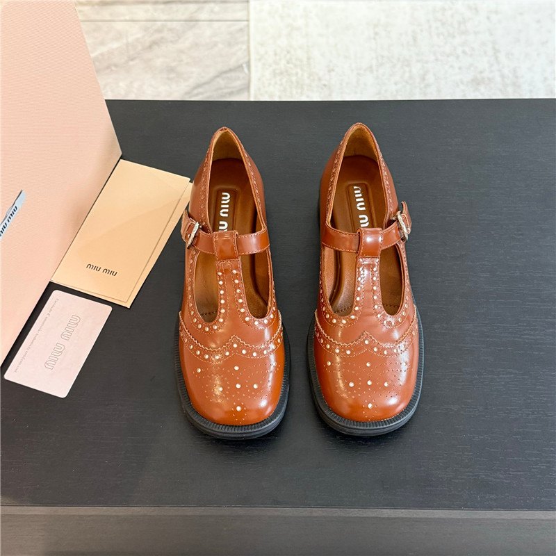 Miu Miu Tobacco Ivory Brushed Leather T-Strap Brogue Shoes