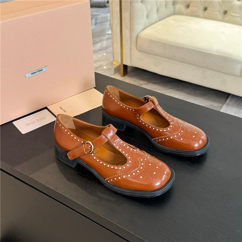 Miu Miu Tobacco Ivory Brushed Leather T-Strap Brogue Shoes