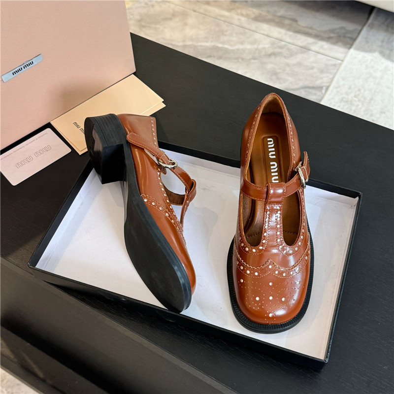 Miu Miu Tobacco Ivory Brushed Leather T-Strap Brogue Shoes